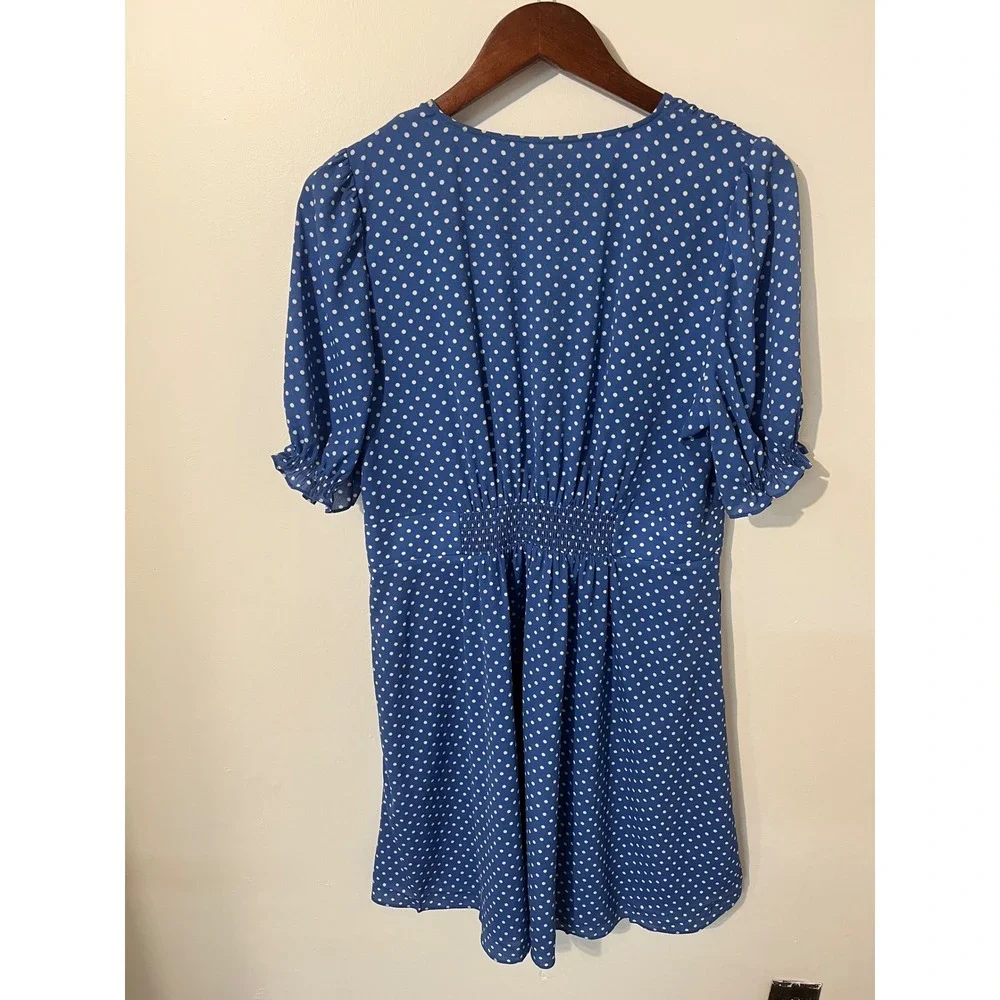 Kate Spade Blue Polka Dot V-Neck Mini Dress Puff Sleeve Smocked Back Size 12